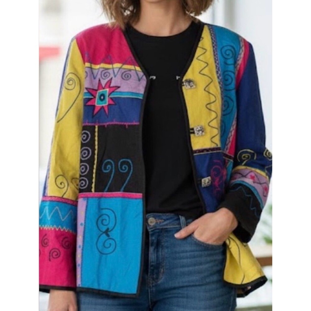 Multicolor Linen Blend Patchwork Jacket by INDIGO